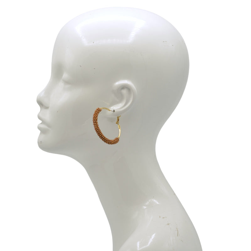 Beaded Hoop Earrings – Gold Tone with Warm Brown Seed Beads, 2"