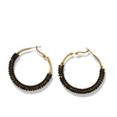 Beaded Hoop Earrings – Gold Tone with Black Seed Beads, 2"