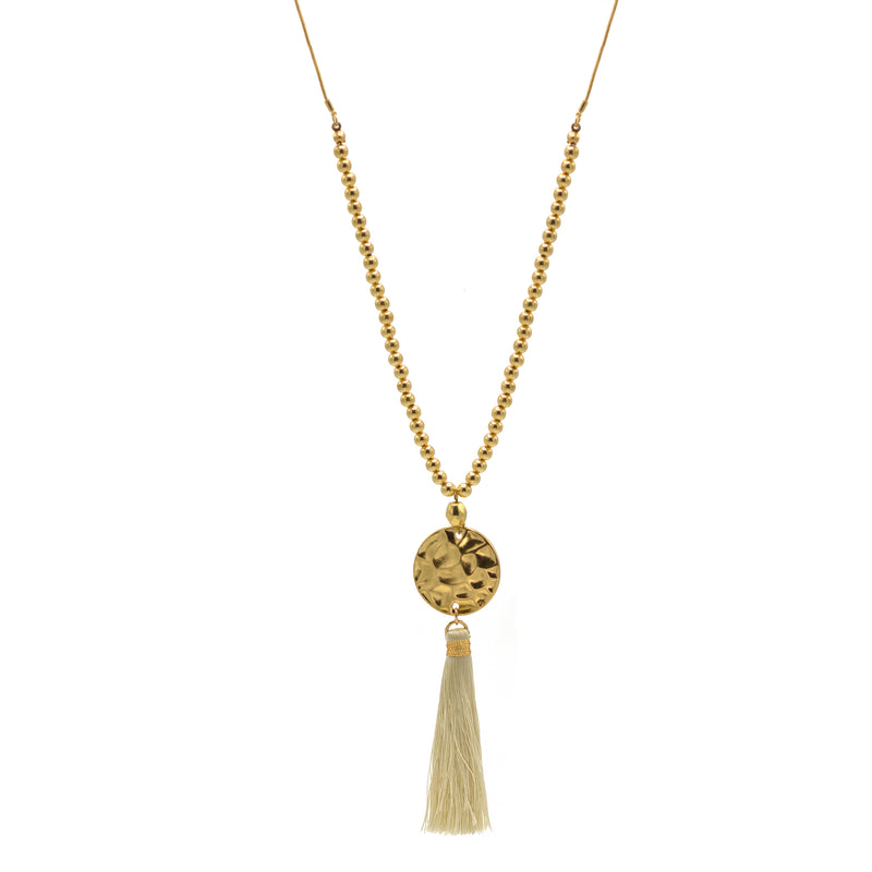 Gold Bead Long Chain with Ivory Thread Tassel Necklace A Fusion of Tradition and Modern Elegance