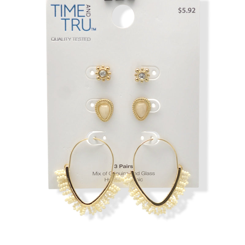 Gold-Tone Trio Earring Set – 3-Piece Stud & Hoop Collection
