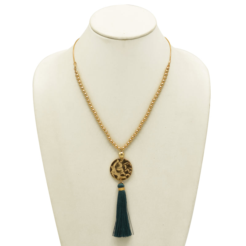 Gold Bead Long Adjustable Chain with Teal Thread Tassel Necklace A Fusion of Tradition and Modern Elegance