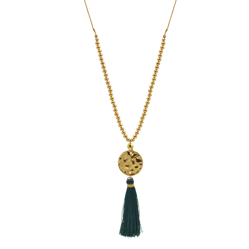 Gold Bead Long Adjustable Chain with Teal Thread Tassel Necklace A Fusion of Tradition and Modern Elegance