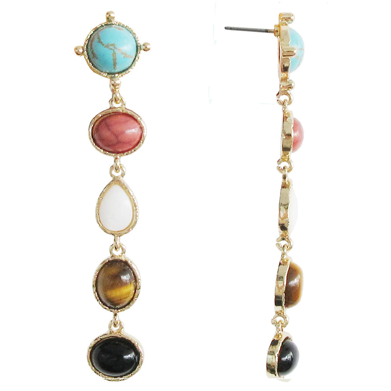 Gold Multi Turquoise, Tiger's Eye and Mother Of Pearl Drop Earrings