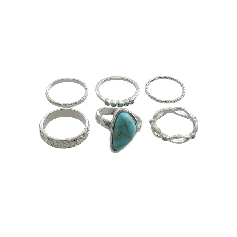 Silver and Turquoise 6Pc Large Stone And Bands Ring Set