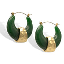 1.5" Emerald Green Resin C-Hoop Earrings with Hammered Gold Wrap – Vintage Style Tapered Hoops