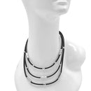 20" Triple-Layered Black Faux Leather Necklace with Hammered Silver Accents and Extender – Modern Statement Jewelry