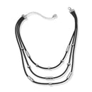 20" Triple-Layered Black Faux Leather Necklace with Hammered Silver Accents and Extender – Modern Statement Jewelry