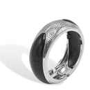Silver-Tone Hinged Bangle Bracelet with Black Inlay & Geometric Engraving – 2.4" Diameter