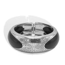 Silver-Tone Hinged Bangle Bracelet with Black Inlay & Geometric Engraving – 2.4" Diameter