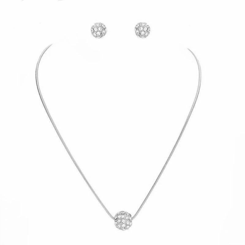 SILVER Pave Crystal Ball Pendant Necklace And Earrings Set