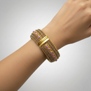 Vintage Style Gold Cuff Bracelet with Fuchsia Beads & Crystal Accents – Statement Hinged Bangle