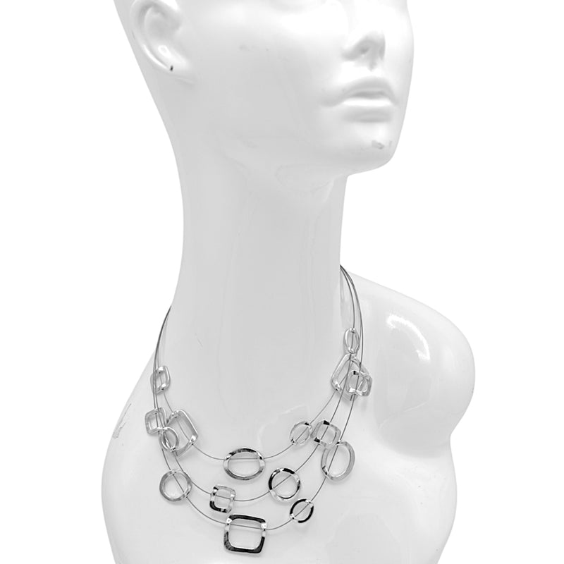 Elegant Silver and Hematite-Tone Geometric Multi-Layer Necklace – 18"