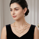 Cream Pearl With Gold Three-Strand Necklace And Earrings Set