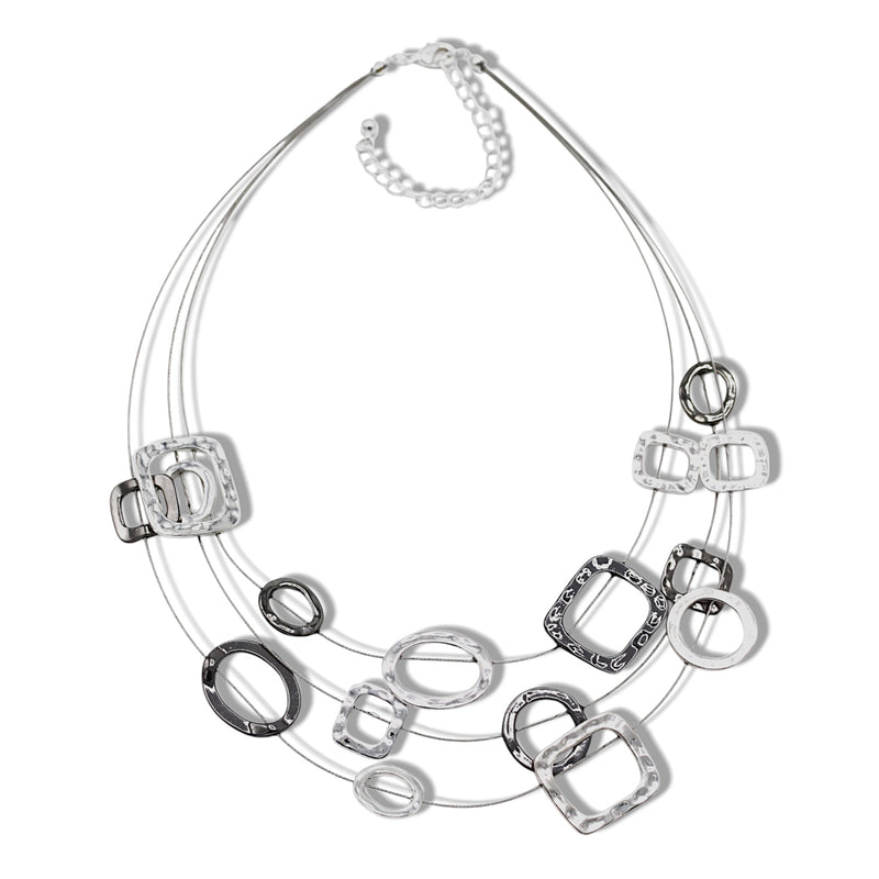 Elegant Silver and Hematite-Tone Geometric Multi-Layer Necklace – 18"