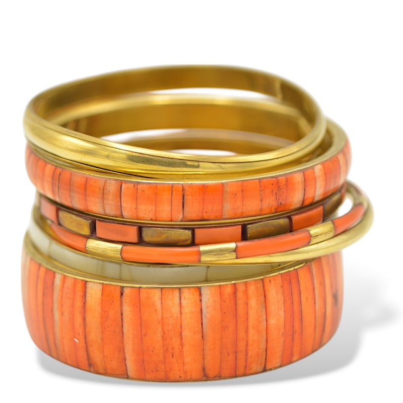 Orange Natural Bone with Mother of Pearl 7-Piece Bangle Set