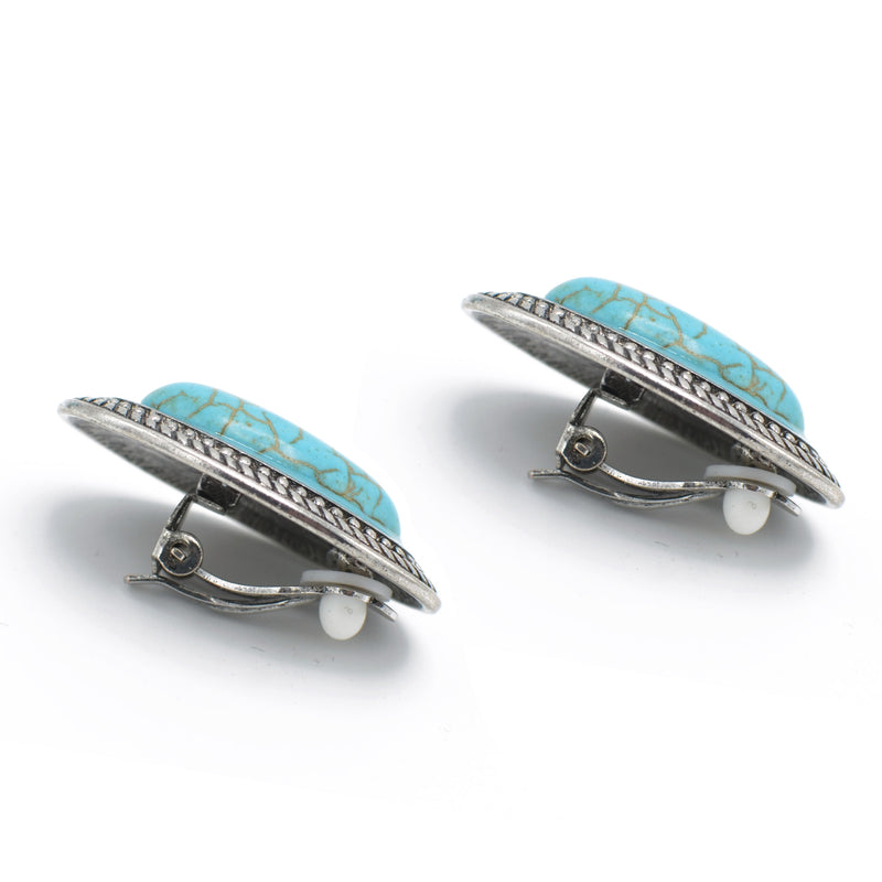 Silver Oxidize Oval Shaped Turquoise Clip-On Earrings
