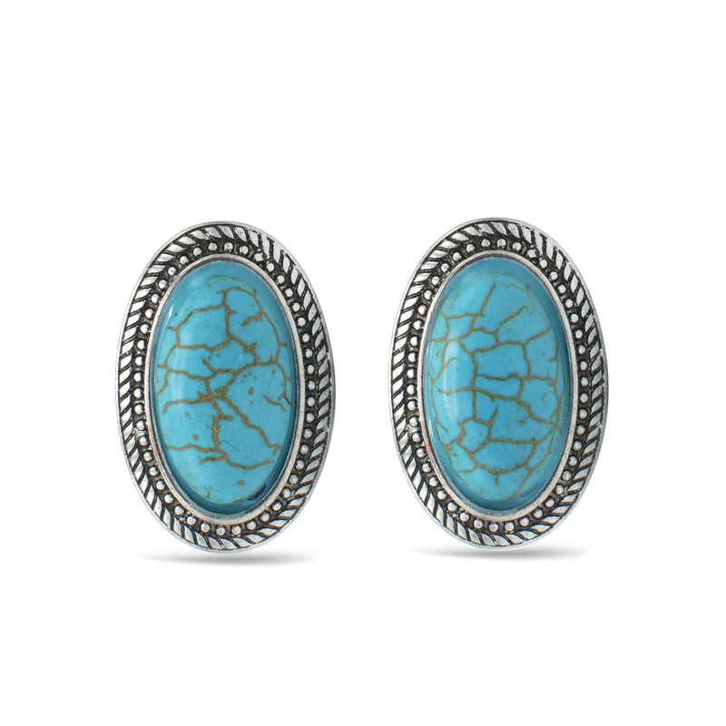 Silver Oxidize Oval Shaped Turquoise Clip-On Earrings