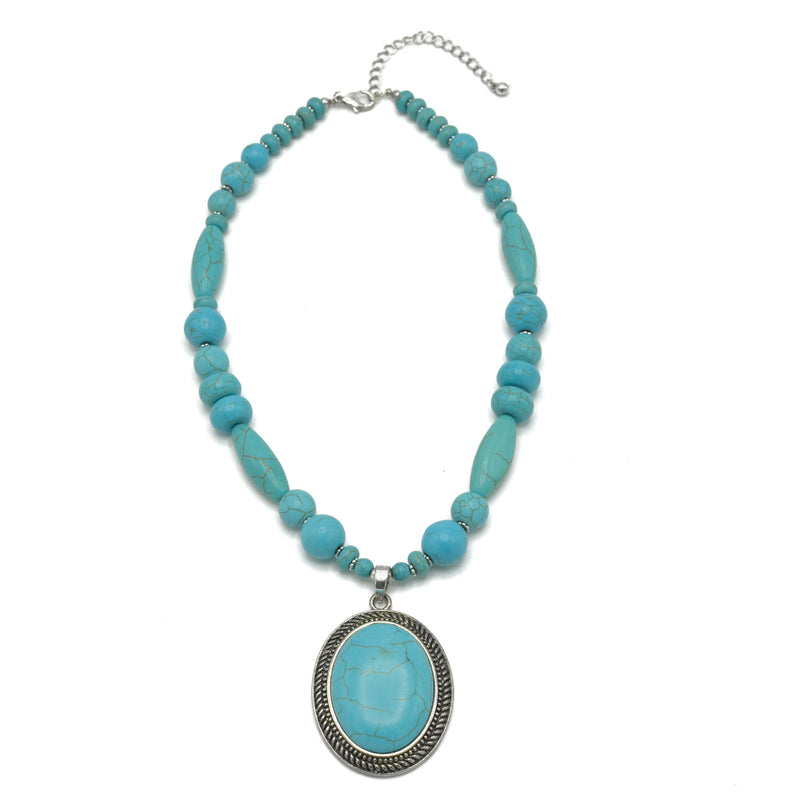 SILVER  OX TURQUOISE OVAL SHAPE PENDANT NECKLACE