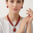 Red Coral Multi-Strand Statement Pendant Necklace & Matching Earrings Set – Silver Tone Oval Stone Jewelry