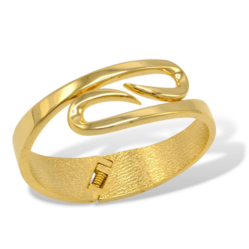 Gold Polished Abstract Swirl Cuff Bracelet – Bold Open Design Hinge Bangle
