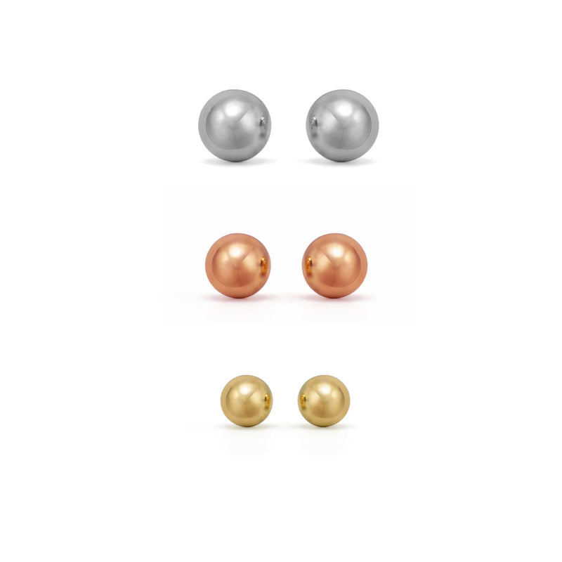 9mm 7mm and 5mm Ball Stud Earrings Set in Yellow, Silver & Rose Gold Plated