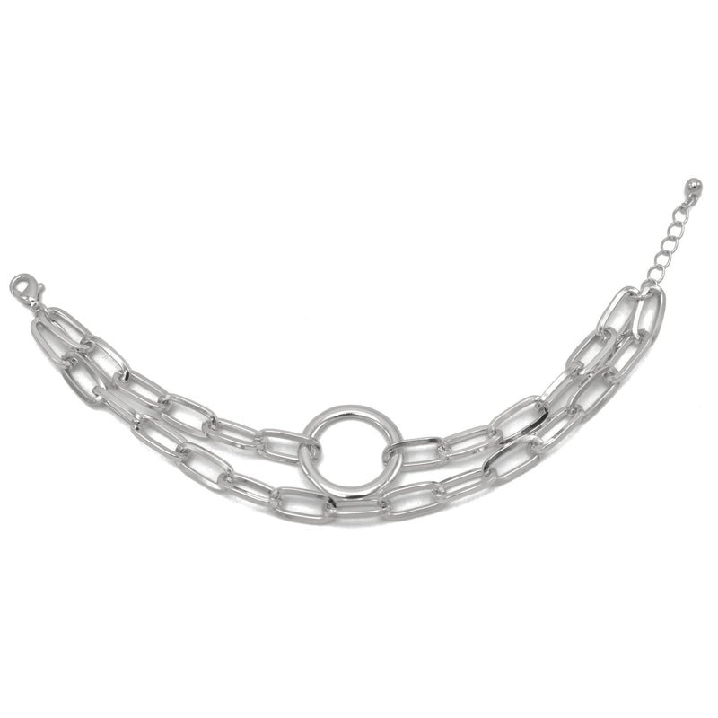 SILVER RECTANGLE LINK CHAIN AND RORUND TWO ROW BRACELET