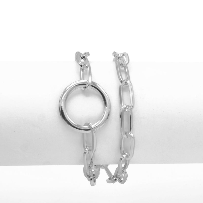 SILVER RECTANGLE LINK CHAIN AND RORUND TWO ROW BRACELET