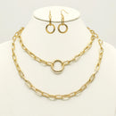 Tazza Women's Gold-Tone Layered Paperclip Chain Necklace & Earring Set | Chunky Double Chain Circle Ring Pendant Jewelry Set
