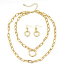Tazza Women's Gold-Tone Layered Paperclip Chain Necklace & Earring Set | Chunky Double Chain Circle Ring Pendant Jewelry Set