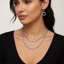 Tazza Women's Silver-Tone Layered Paperclip Chain Necklace & Earring Set | Chunky Double Chain Circle Ring Pendant Jewelry Set