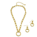 GOLD RECTANGLE LINK CHAIN AND ROUND PENDANT NECKLACE AND EARRINGS SET