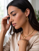 GOLD RECTANGLE LINK CHAIN AND ROUND PENDANT NECKLACE AND EARRINGS SET