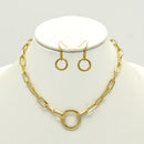 GOLD RECTANGLE LINK CHAIN AND ROUND PENDANT NECKLACE AND EARRINGS SET