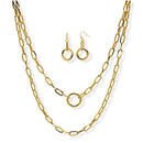Tazza Women's Gold-Tone Layered Paperclip Chain Necklace & Earring Set | Chunky Double Chain Circle Ring Pendant Jewelry Set