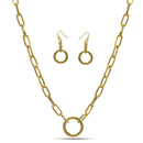 GOLD RECTANGLE LINK CHAIN AND ROUND PENDANT NECKLACE AND EARRINGS SET