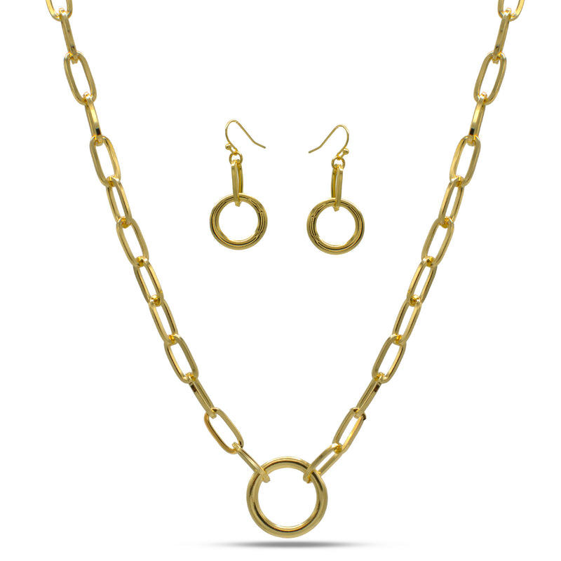 GOLD RECTANGLE LINK CHAIN AND ROUND PENDANT NECKLACE AND EARRINGS SET