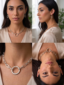 SILVER RECTANGLE LINK CHAIN AND ROUND PENDANT NECKLACE AND EARRINGS SET