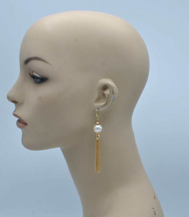 Cream Pearl And Gold Chain Tassel Long Earrings