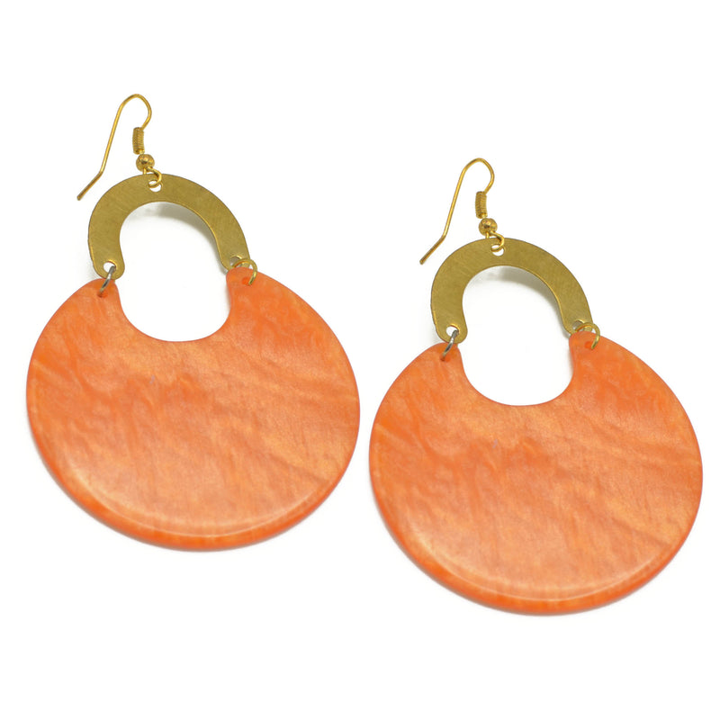 Gold Orange Marbled Resin Drop Earrings