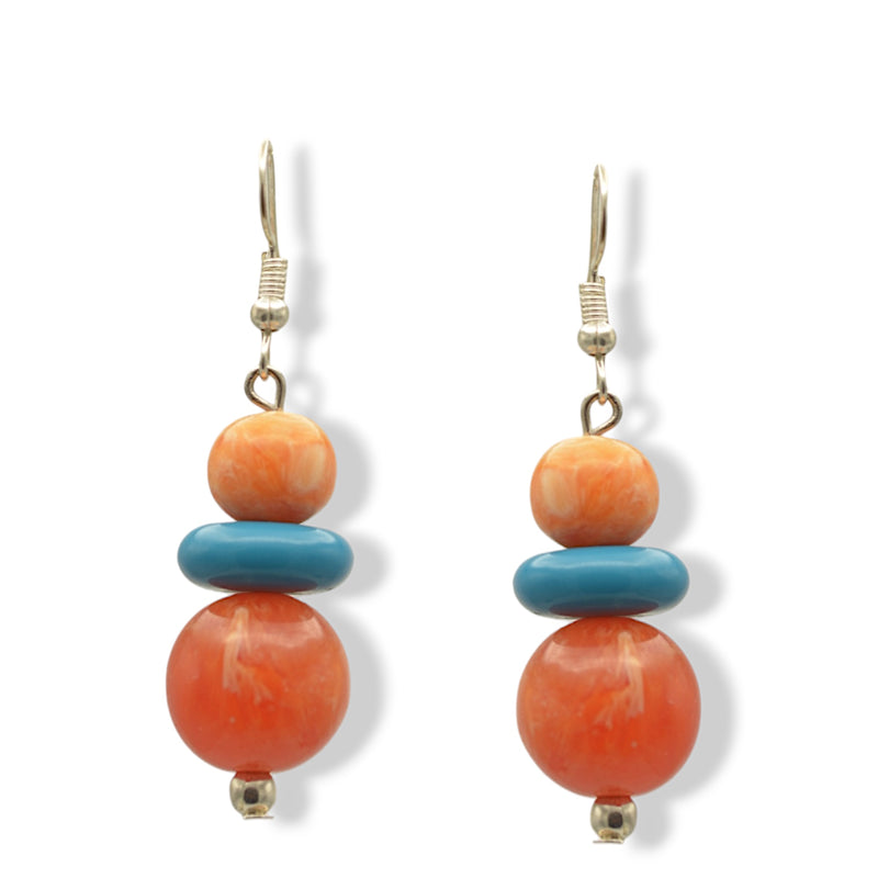 Silver Amber and Turquoise Bead Drop Earrings