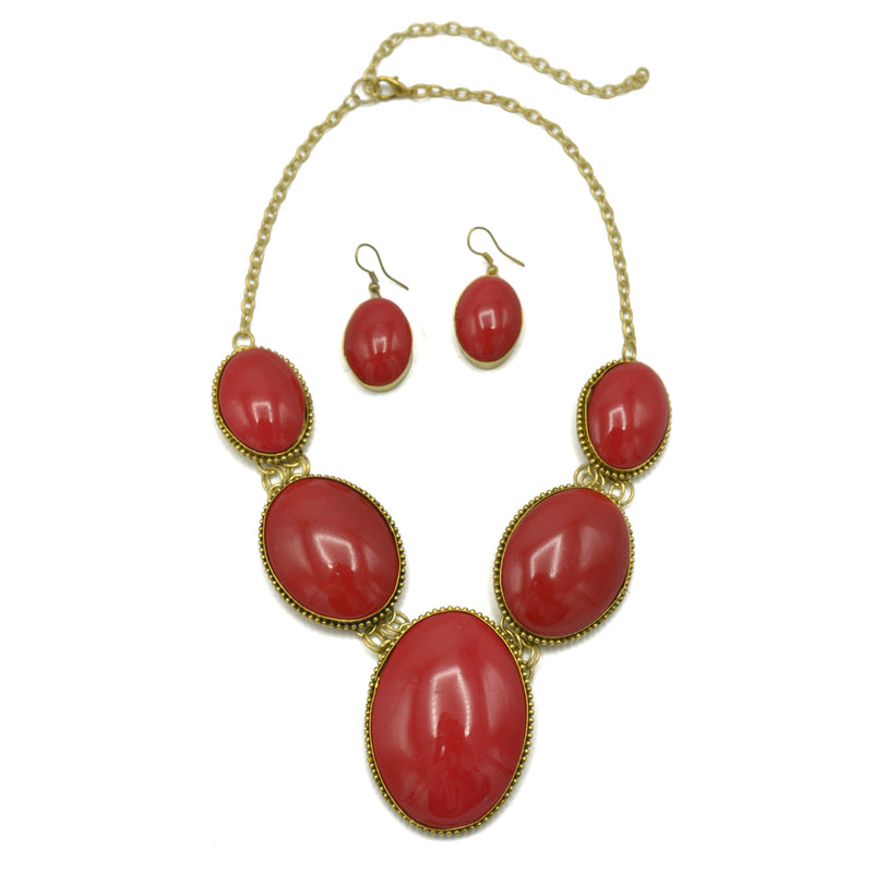 GOLD CORAL OVAL RESIN NECKLACE AND EARRINGS SET