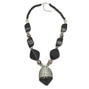 black and wood resin beads silver pendant necklace