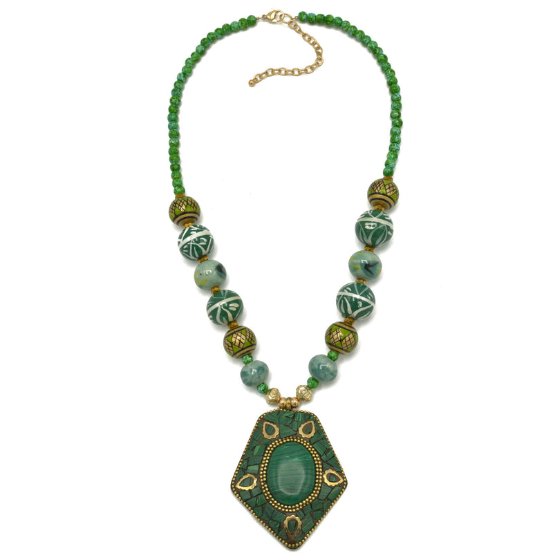 Green Ceramic Beads And Gold Green Pendant Necklace