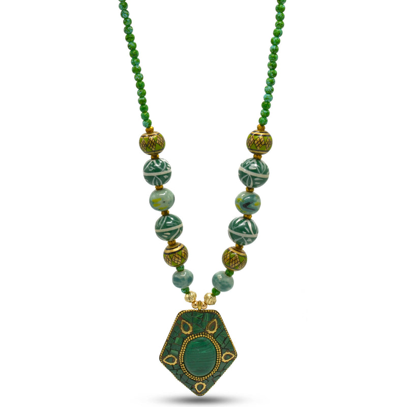 Green Ceramic Beads And Gold Green Pendant Necklace