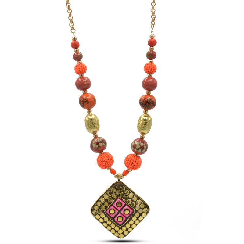 GOLD ORANGE AND CORAL CERAMIC BEADS WITH SQUARE PENDANT NECKLACE
