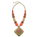 GOLD ORANGE AND CORAL CERAMIC BEADS WITH SQUARE PENDANT NECKLACE