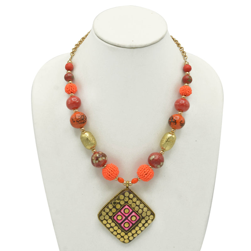 GOLD ORANGE AND CORAL CERAMIC BEADS WITH SQUARE PENDANT NECKLACE