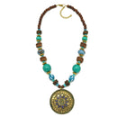 GOLD TURQUOISE AND WOOD BEADS WITH ROUND GOLD PENDANT NECKLACE