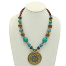 GOLD TURQUOISE AND WOOD BEADS WITH ROUND GOLD PENDANT NECKLACE