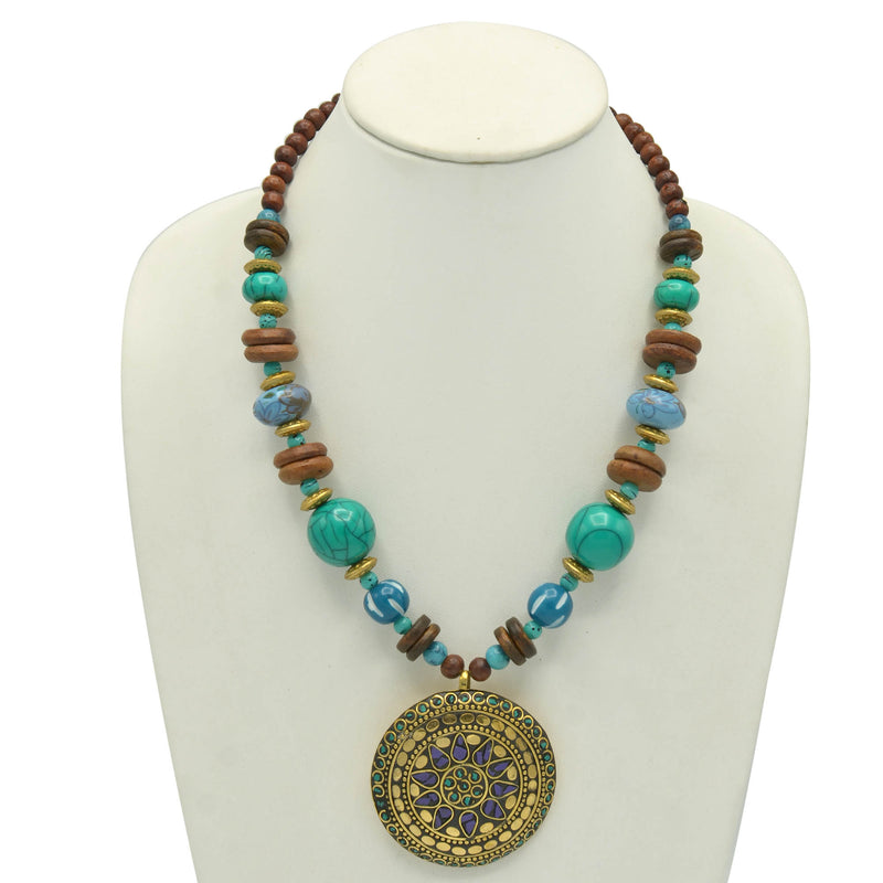 GOLD TURQUOISE AND WOOD BEADS WITH ROUND GOLD PENDANT NECKLACE